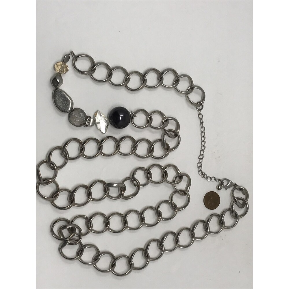 CHICO'S Necklace Silver Tone Heavy Chain Link Chainlink Clear Crystal Black Ball